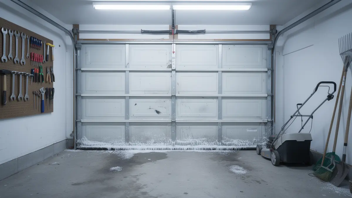The white garage door has icicles and ice along its bottom edge.