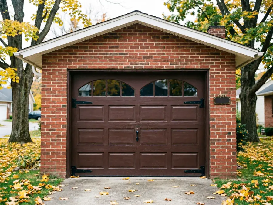 A brown garage door with windows on a brick garage, surrounded by autumn leaves.