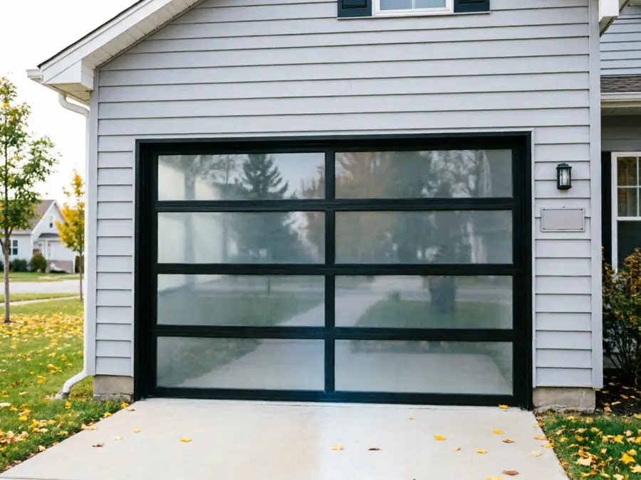 The house has light gray siding and a modern black garage door with frosted glass panels.