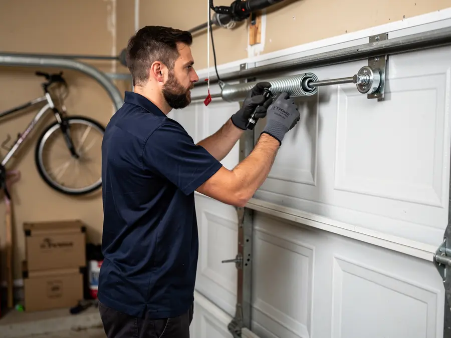 A technician in a blue shirt and gloves adjusts a garage door torsion spring.