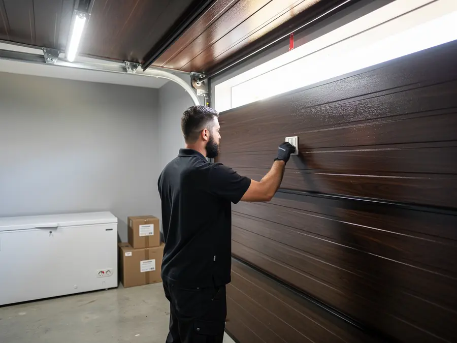 A technician in a black shirt and gloves works on a brown garage door.