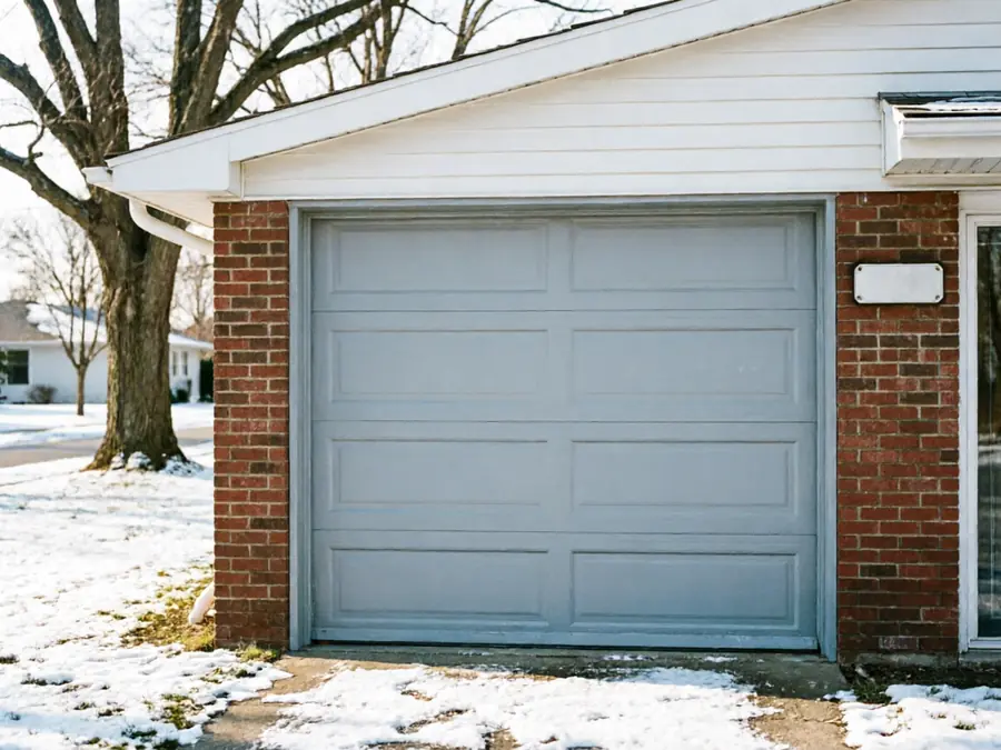 A light gray garage door on a brick house with snow on the ground.