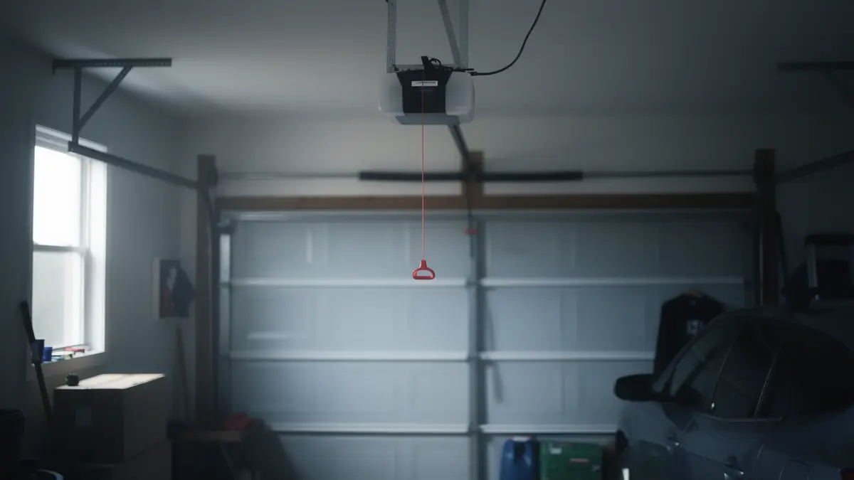 A garage door opener hangs from the ceiling with a red emergency release cord.