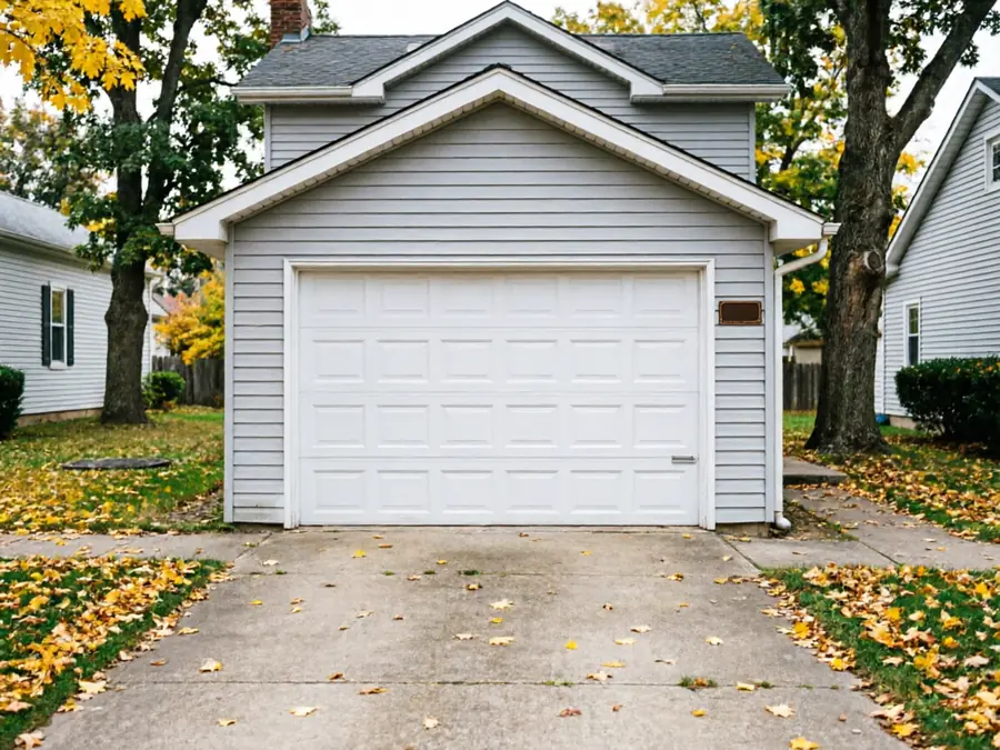 A white panel garage door on a light gray house with a concrete driveway.