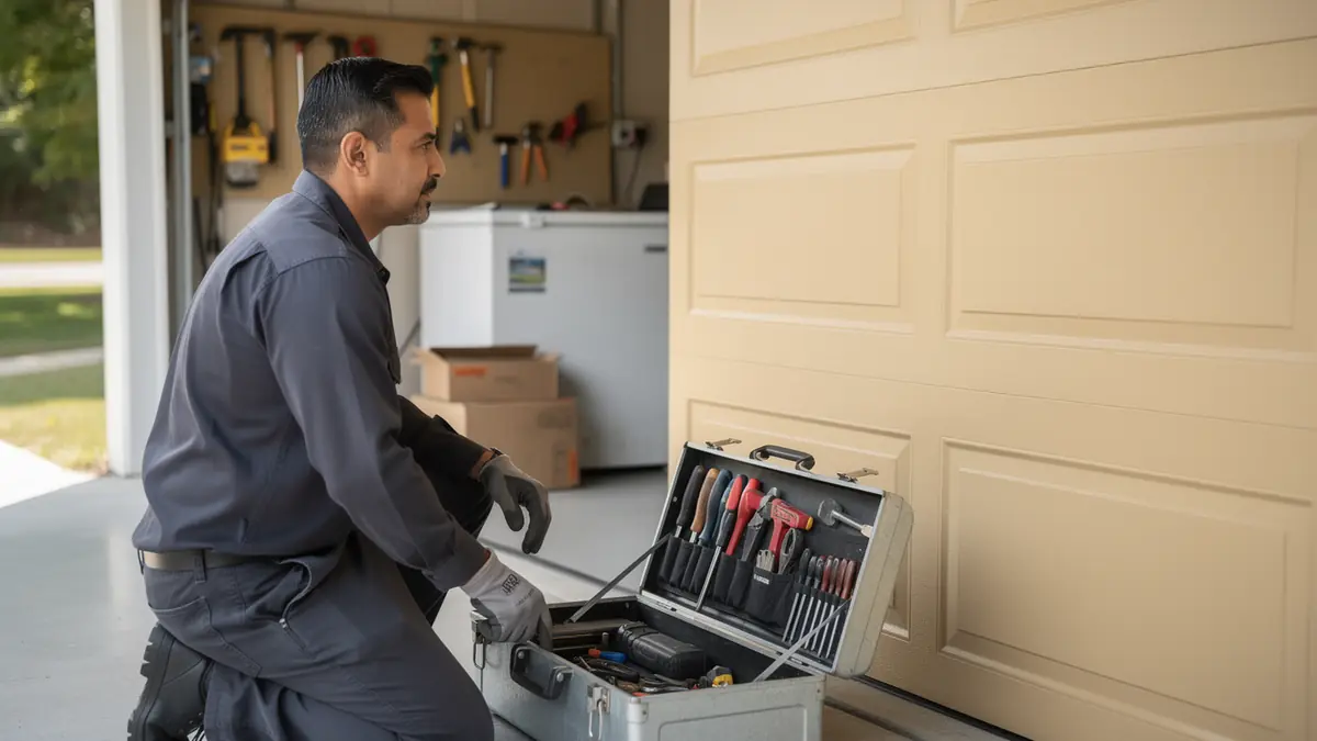 A technician kneels beside an open toolbox and a beige garage door.
