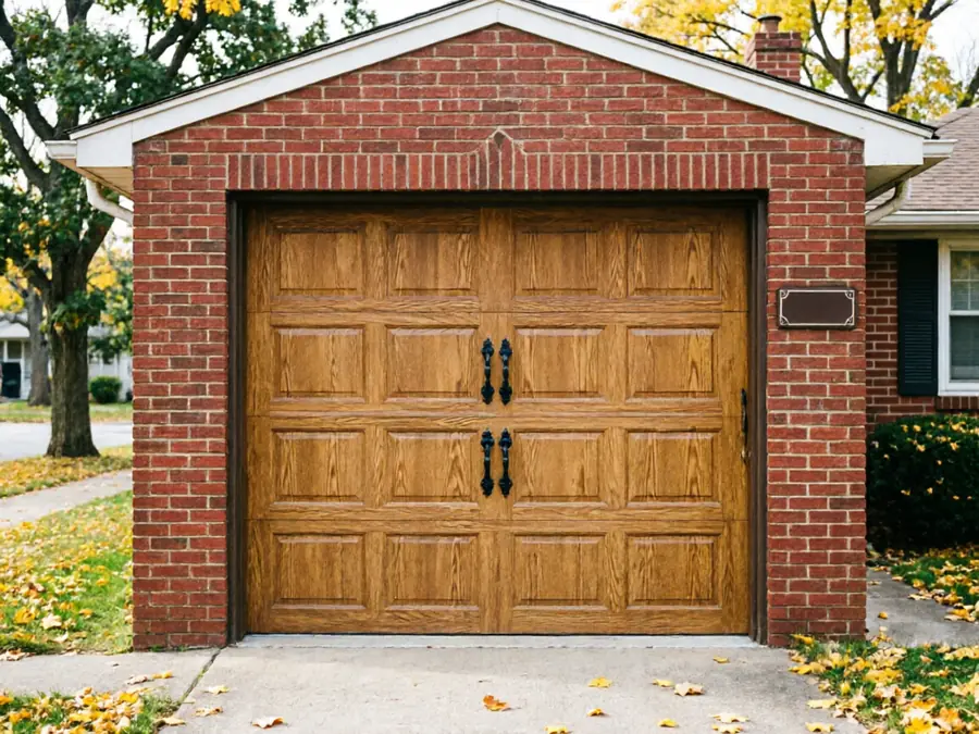 A brown wooden garage door with black handles on a red brick house.